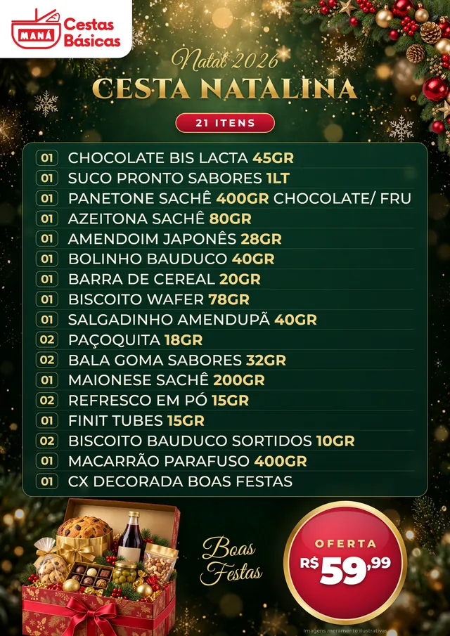 Arte da Cesta Natalina 21 itens com a lista completa e o preço R$ 59,99