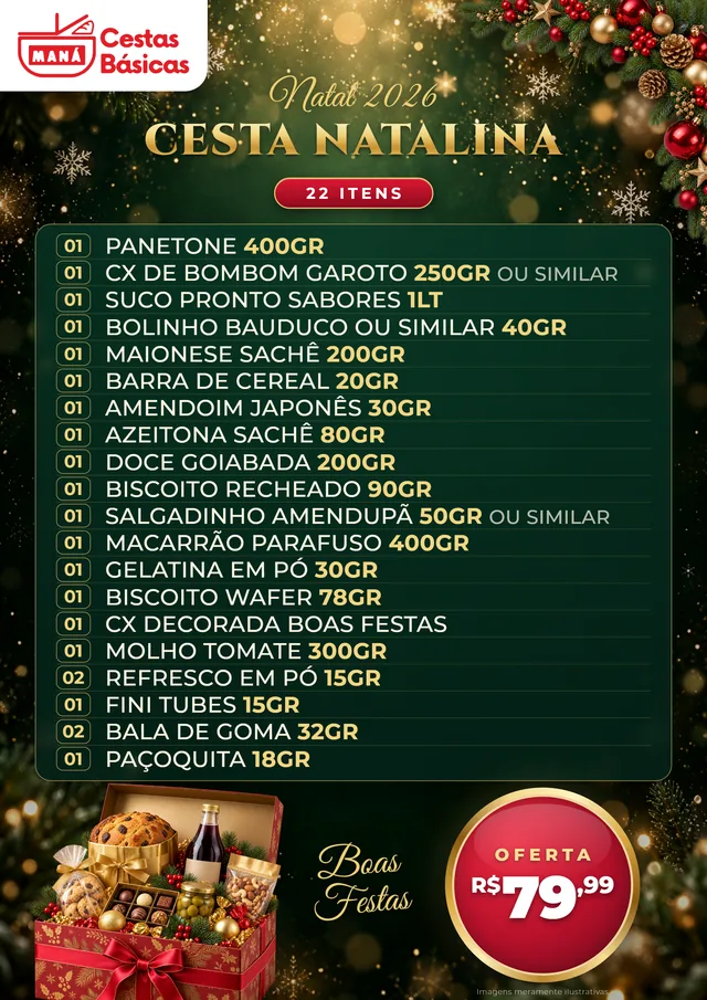 Arte da Cesta Natalina 22 itens com a lista completa e o preço R$ 79,99