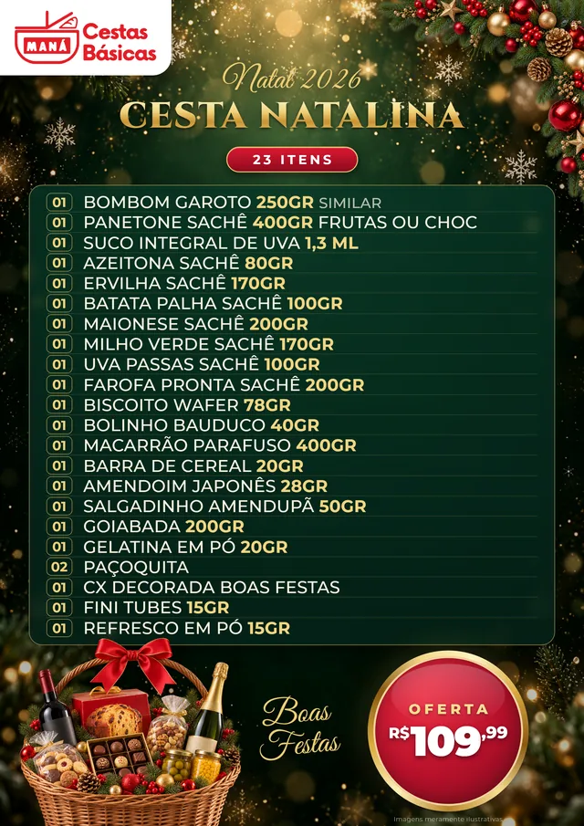 Arte da Cesta Natalina 23 itens com a lista completa e o preço R$ 109,99