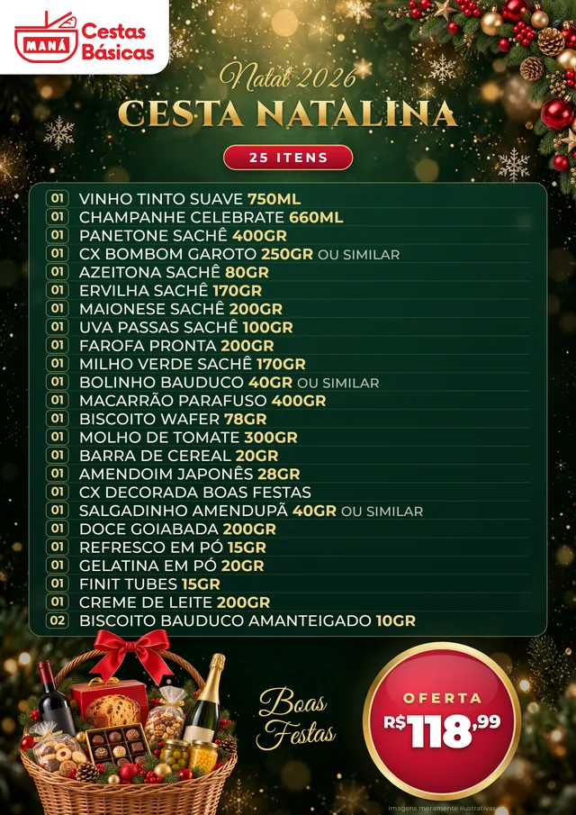 Arte da Cesta Natalina 25 itens com a lista completa e o preço R$ 118,99