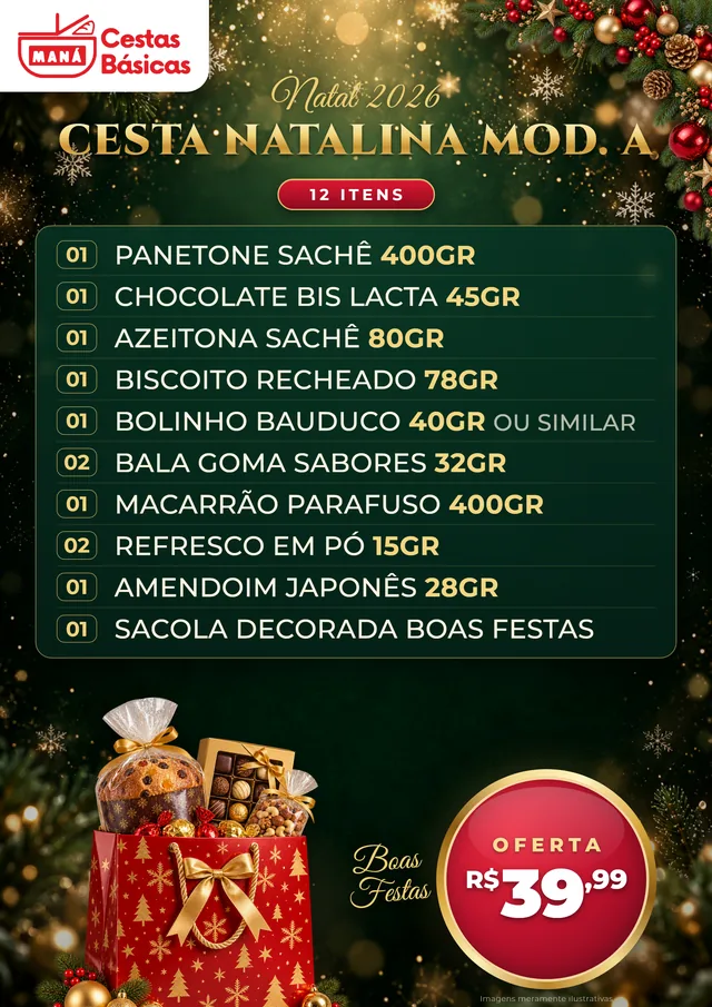 Arte da Cesta Natalina 12 itens com a lista completa e o preço R$ 39,99