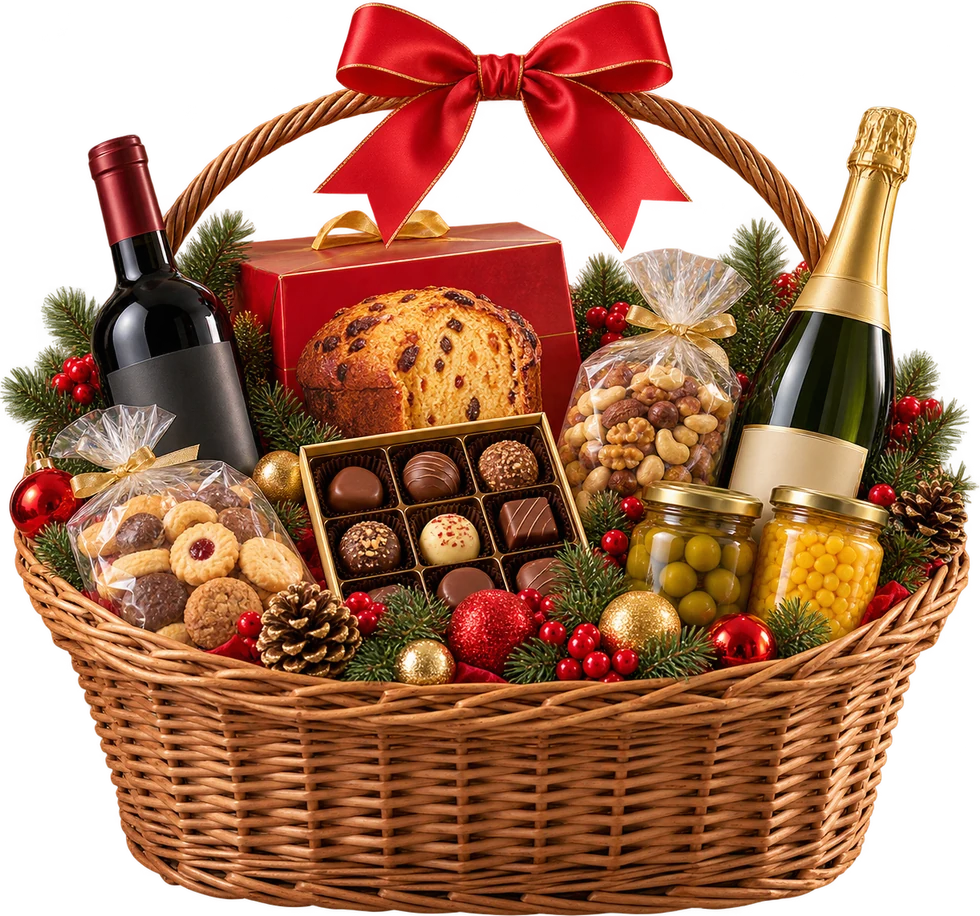 Cesta natalina de vime com panetone, vinho, espumante, chocolates e enfeites (imagem ilustrativa)